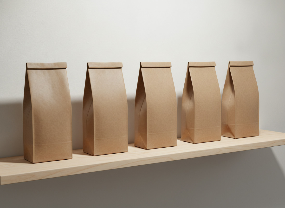Row of kraft paper coffee bags on a light wood shelf