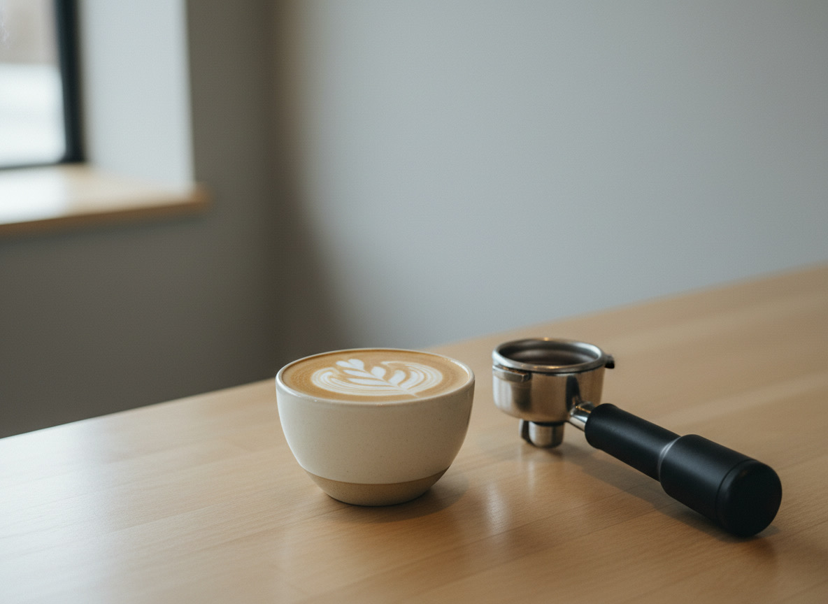 Flat white with latte art beside a matte black portafilter