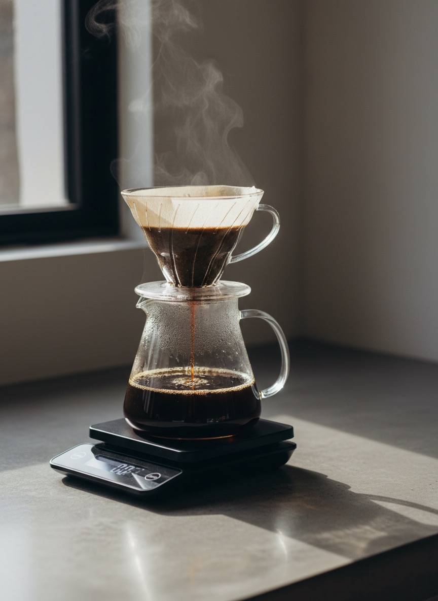 Glass pour over dripping into a carafe on a black scale