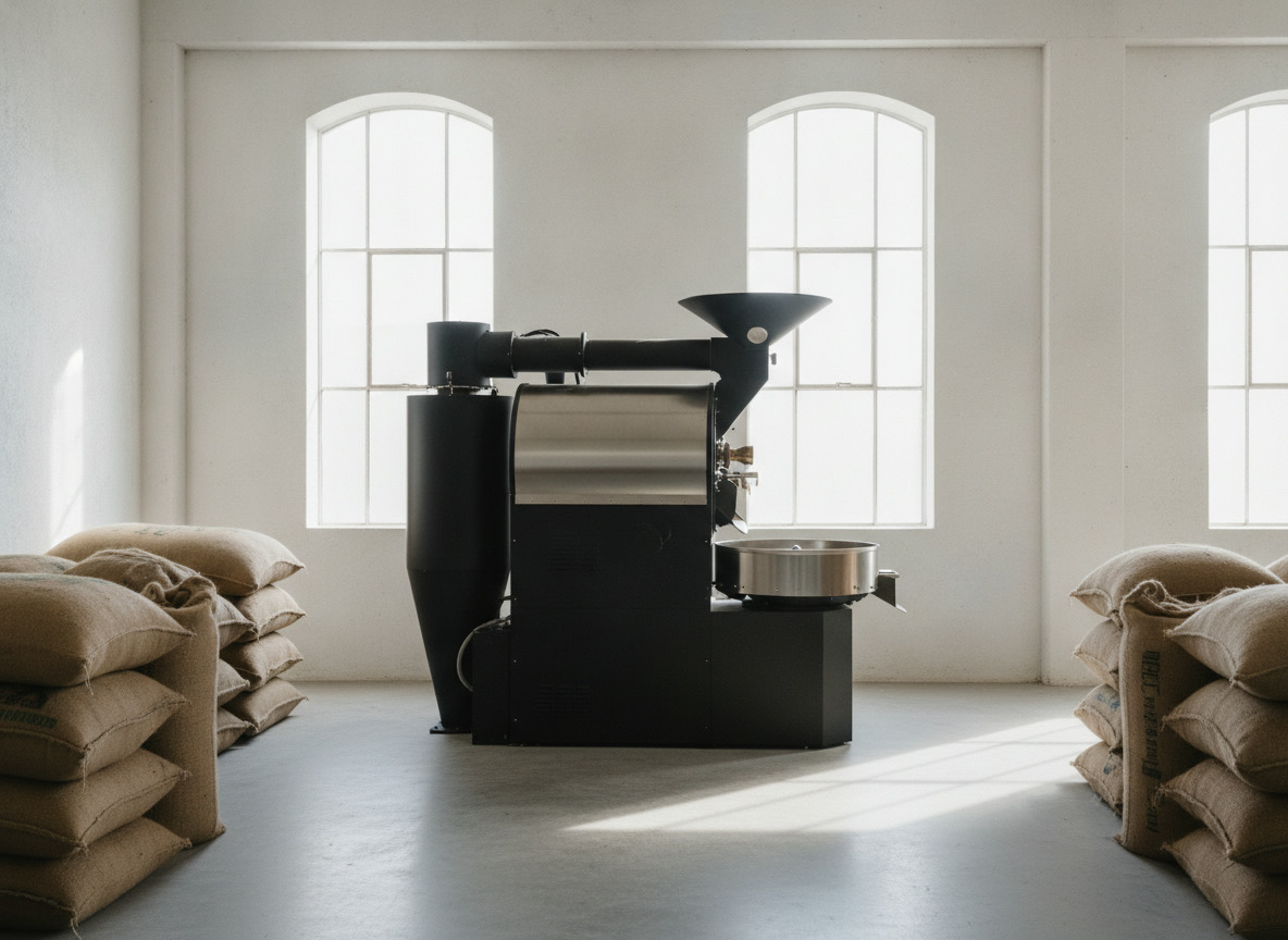 Matte black coffee roaster flanked by burlap bags of green coffee