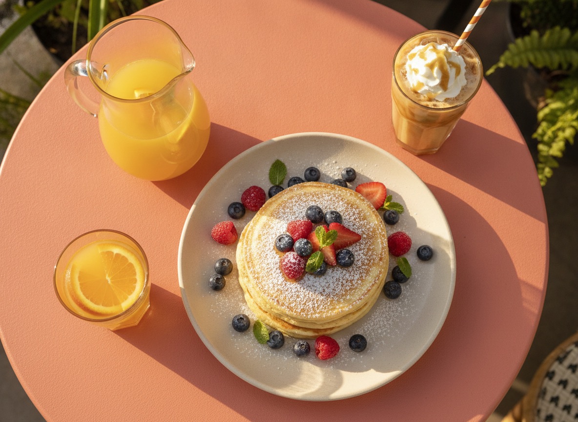 Overhead spread of lemon ricotta pancakes with berries, iced latte, and orange juice