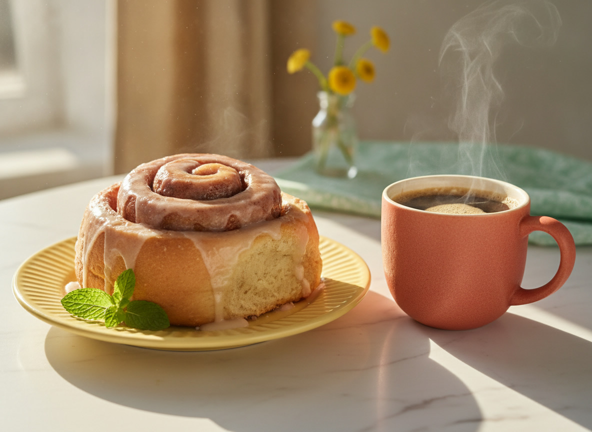Glazed cinnamon roll beside a coral ceramic mug on white marble