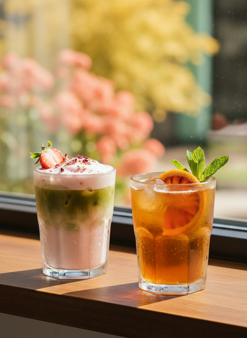 Strawberry matcha latte and orange espresso tonic catching the morning sun