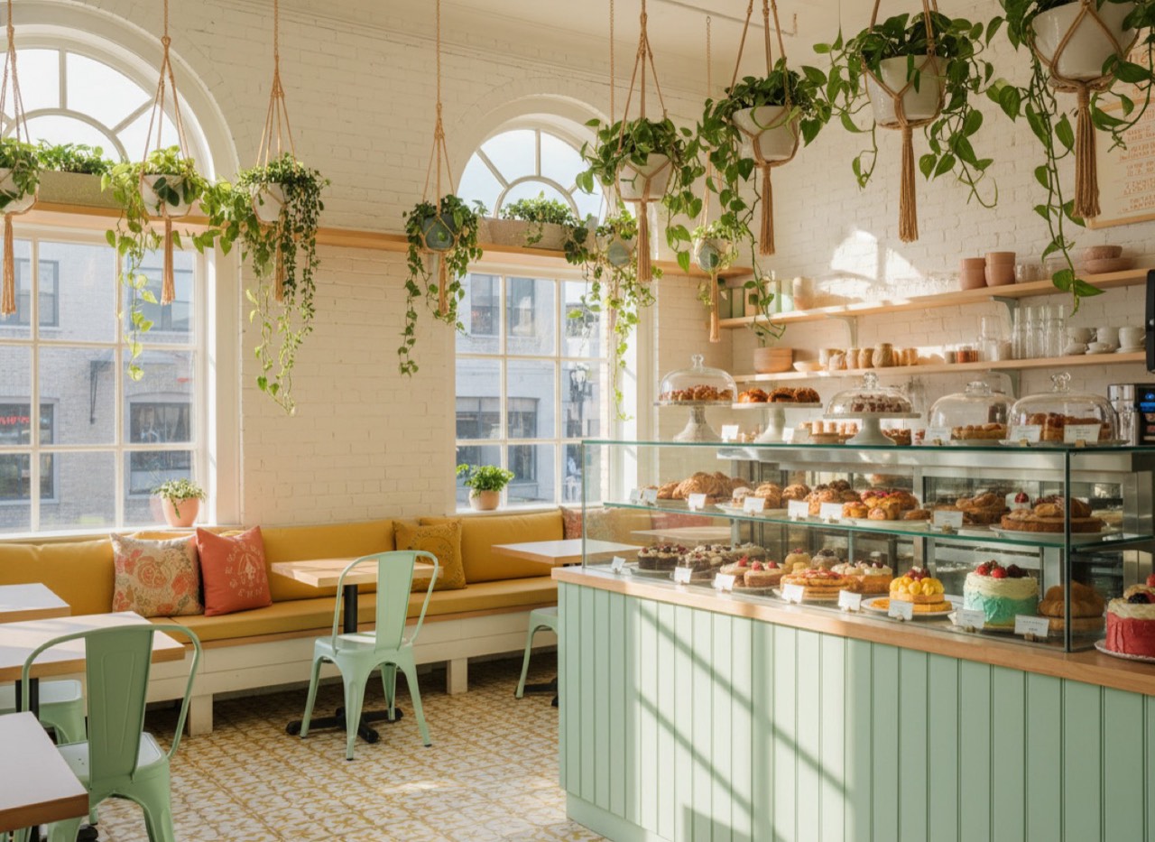 Bright cafe interior with hanging plants, mint and coral accents, and a glass pastry case